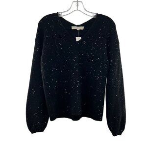 Loft Women's Sequin Pullover Sweater V-Neck Long Sleeve Black Size XS New